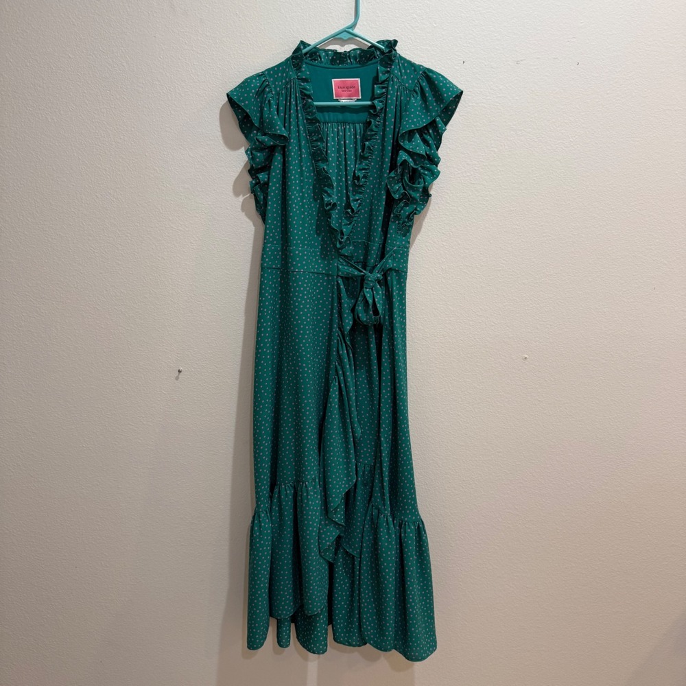 Kate Spade Green Pink Polka Dot Ruffle Midi Dress Flutter Sleeve Tie Waist 2